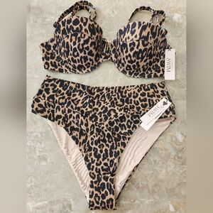 34B/S VS Swim Underwire Balconette Bikini Top High Waist Bikini Set Leopard